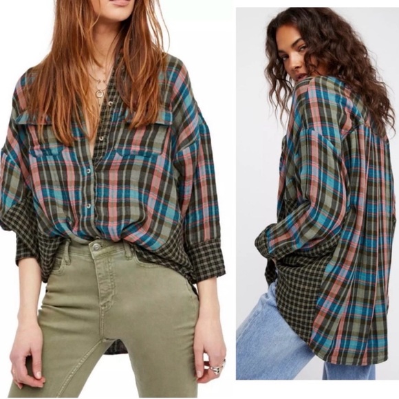 Free People One Of The Guys Green Plaid Cotton Button Down Shirt Oversized Boho - Picture 10 of 10
